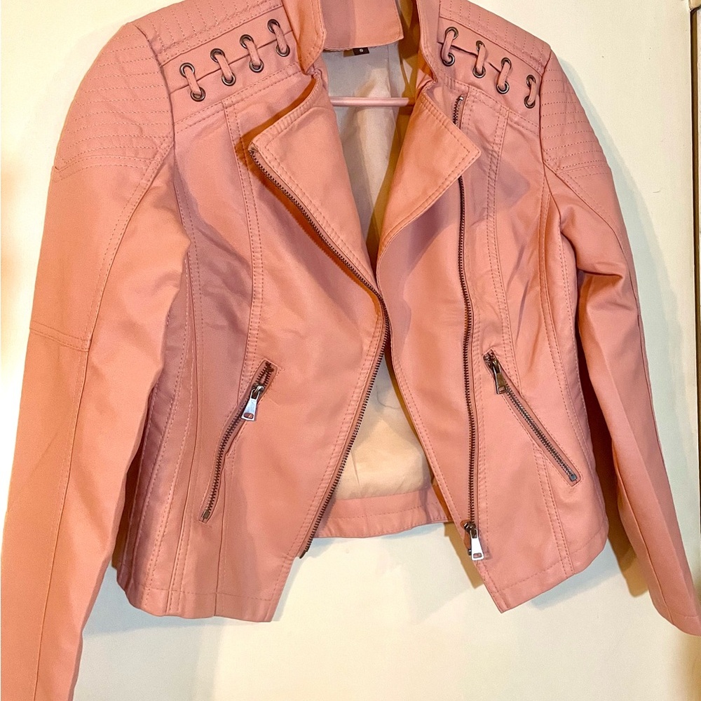 Pink Leather Moto Jacket with Asymmetrical Zipper